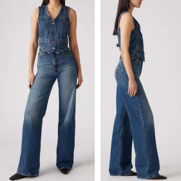 LEVI'S Premium Ribcage Wide Leg Women's Jeans Size 28 Polar Permiter Dark Wash - Picture 1 of 10
